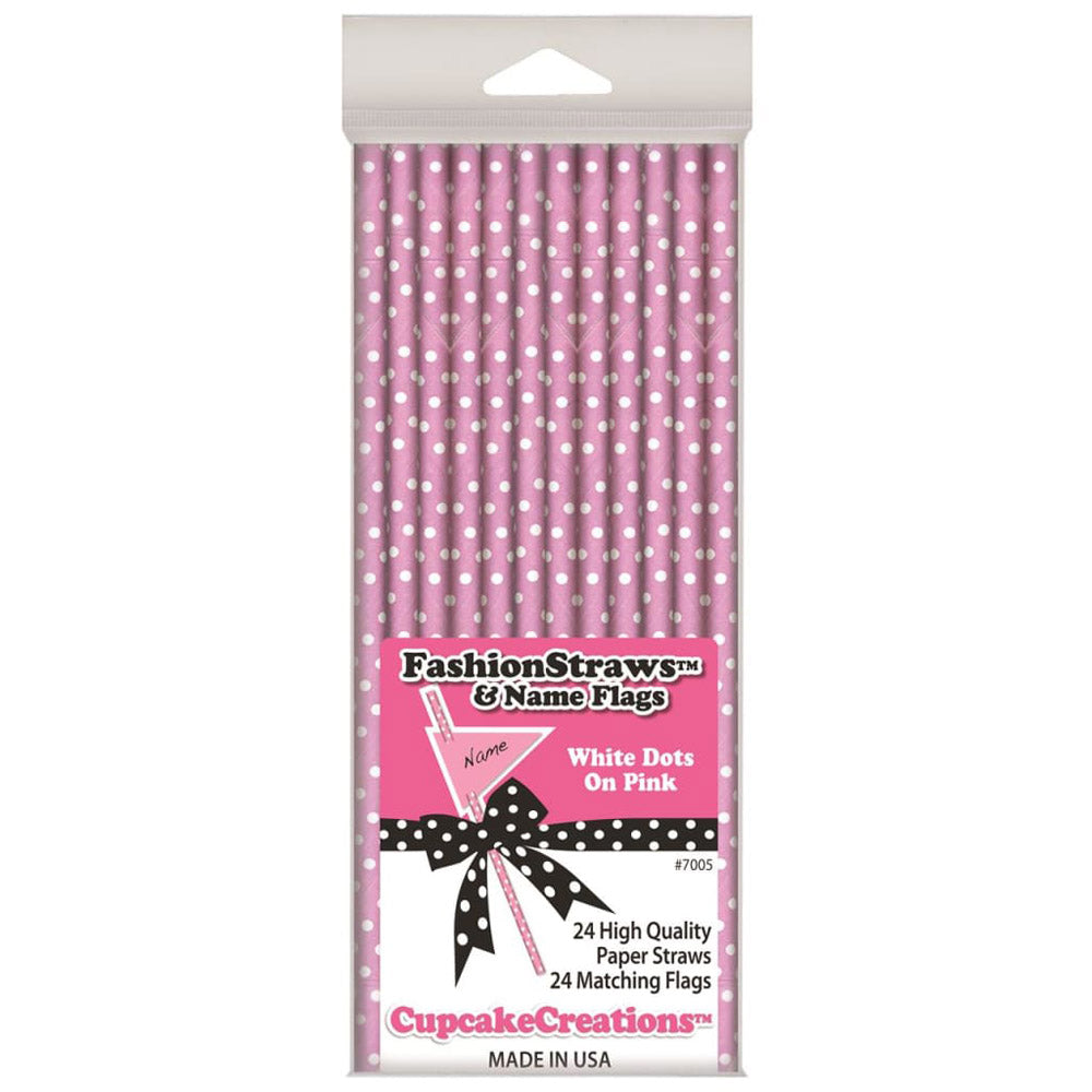 Cupcake White-Dotted Straws 19cm 24pk