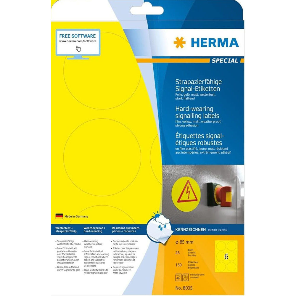 Herma runda hårt bärande signaletiketter (gul)