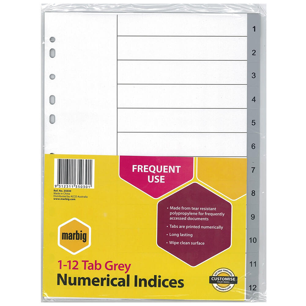 Marbig numerieke indices en dividers a4 (grijs)