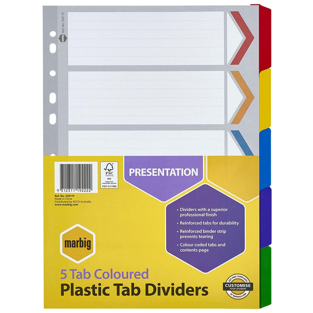 Marbig Manilla Plastic Tab Dividers A4 (gekleurd)