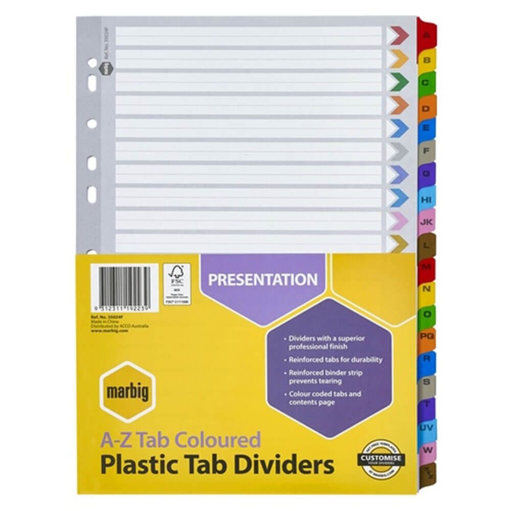 Marbig Manilla Plastic Tab Dividers A4 (gekleurd)