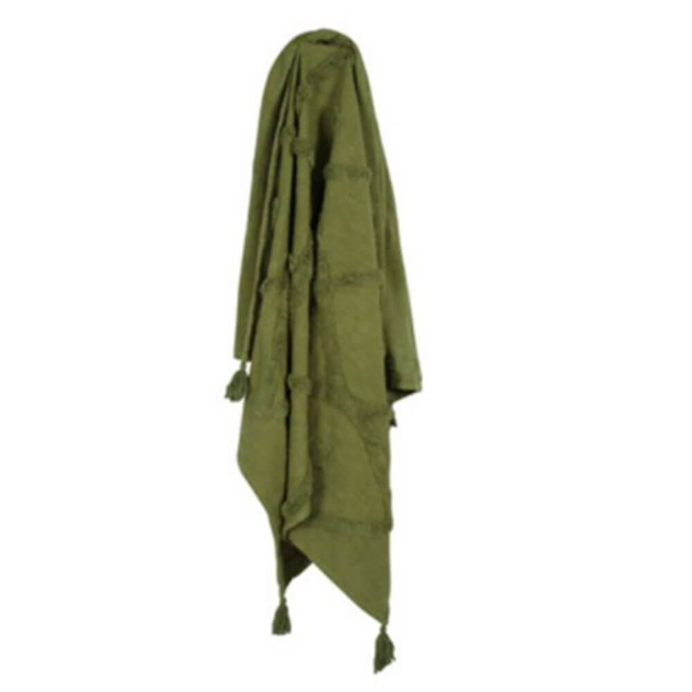 Piol Olive Green Cotton Throw W/ Tassle & Tufting