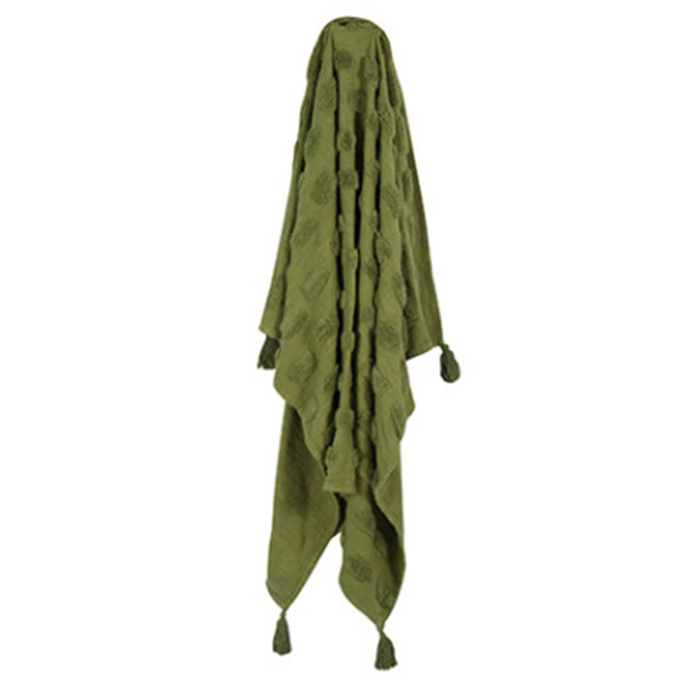 Piol Olive Green Cotton Throw W/ Tassle & Tufting