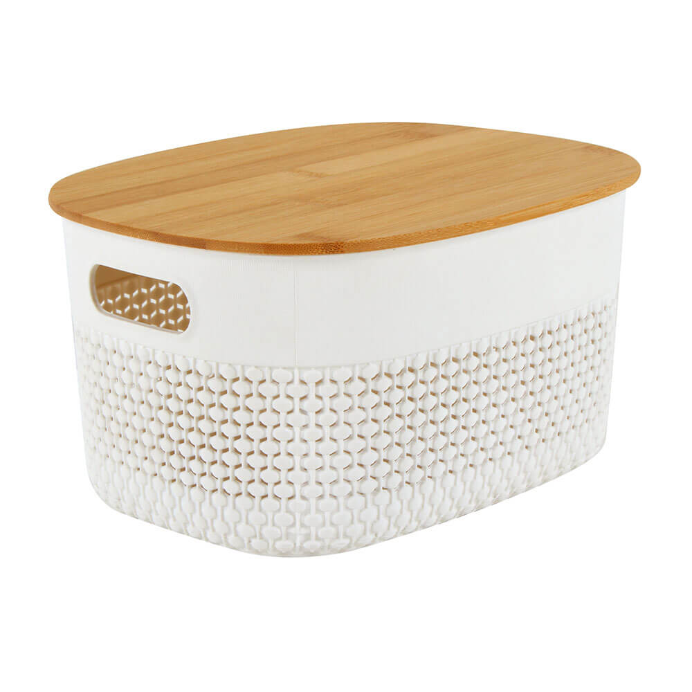 Panier en plastique ovale avec couvercle de bambou (blanc)