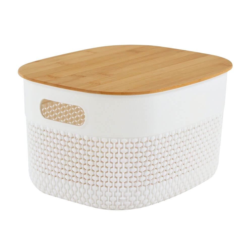 Panier en plastique ovale avec couvercle de bambou (blanc)