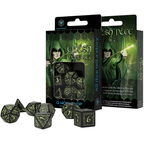 Q Workshop Elvish Black & Glow-in-the-Dark Dice Set of 7