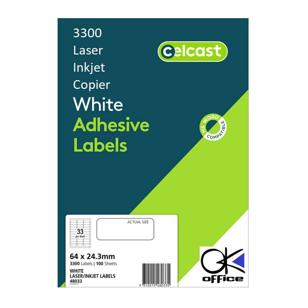 Celcast láser/etiquetas de inyección de tinta blanca (100pk)