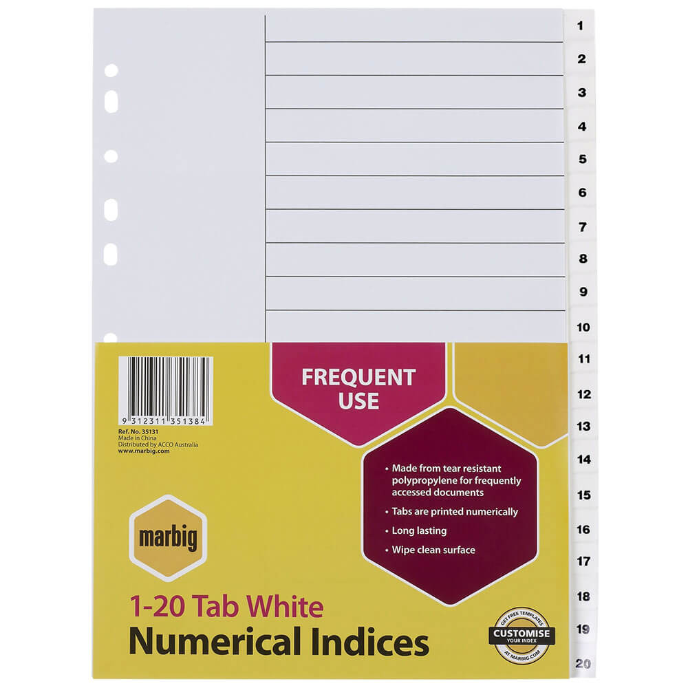 Marbig numeriska index & avdelare A4 (vit)